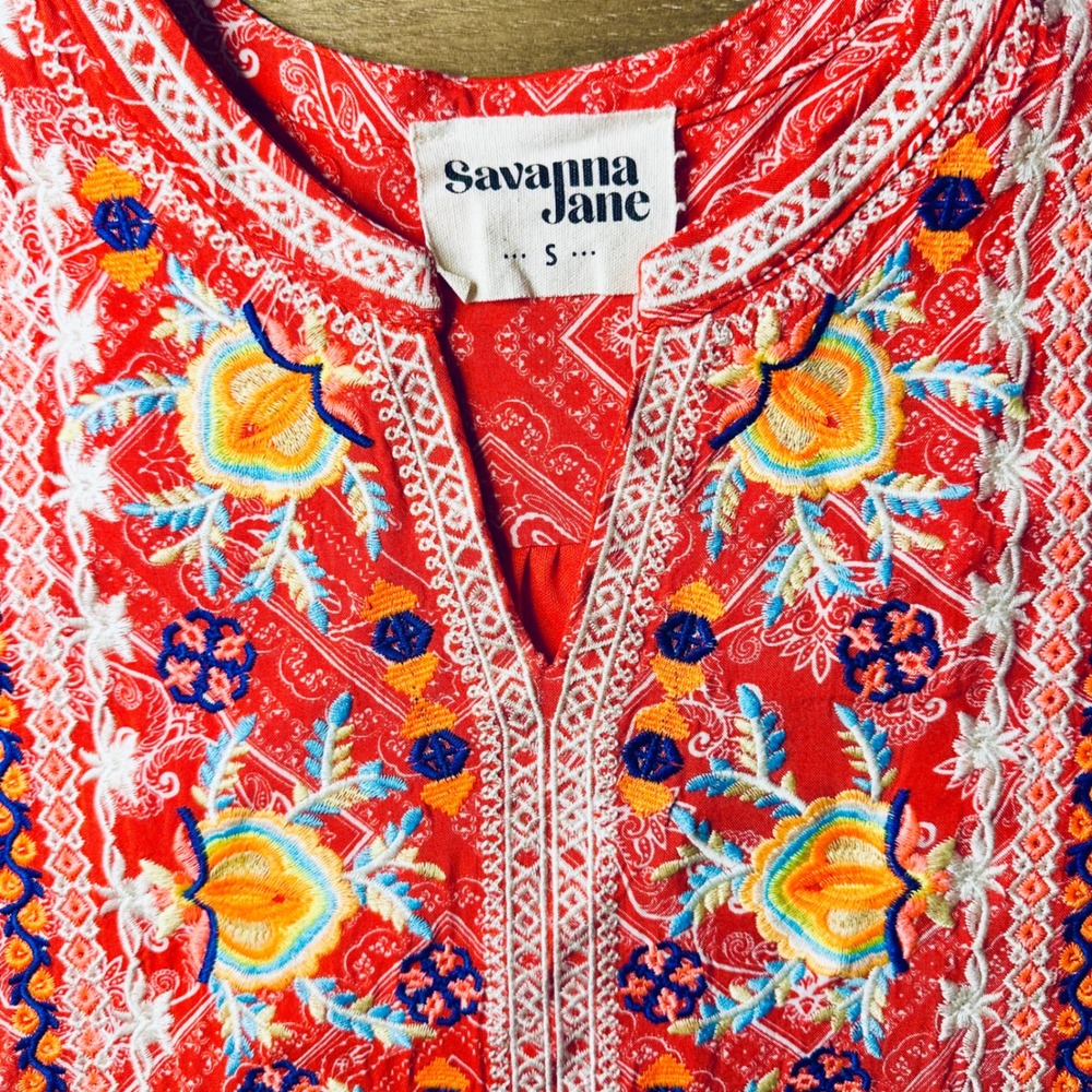 Savannah Jane Red Embroidered Bandana Print Tunic Dress Size S Bohemian - Picture 3 of 7